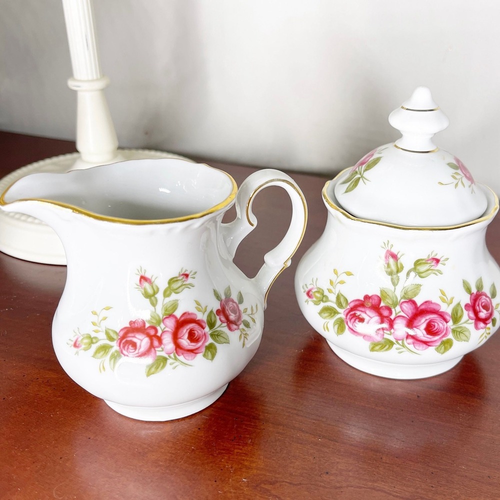 Winterling Kirchenlamitz Bavaria Pink Rose Creamer & Sugar Jar German Porcelain